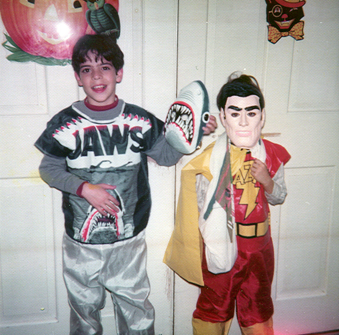 Boys in Jaws and Shazam costumes