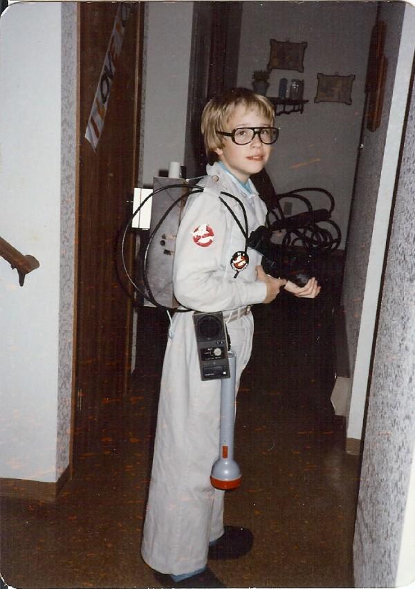 Boy in Ghostbusters costume on Halloween 1984