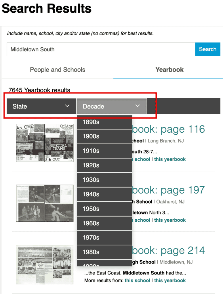 Picking a decade in Classmates yearbook search