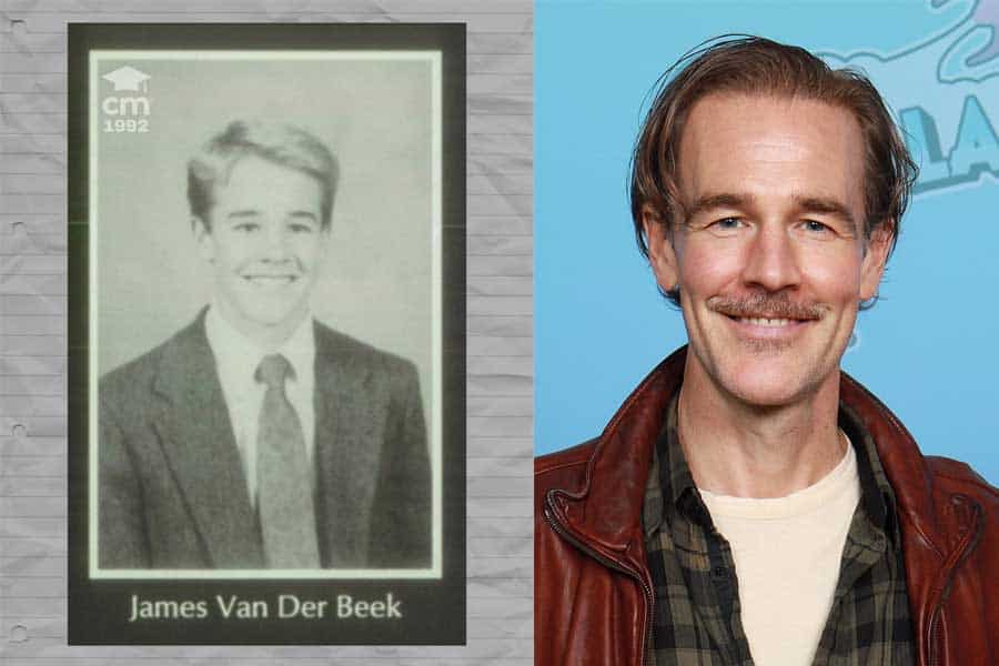 Side-by-side photos of James Van Der Beek in high school vs. currently