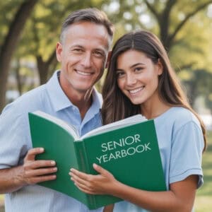 Man and woman holding senior yearbook
