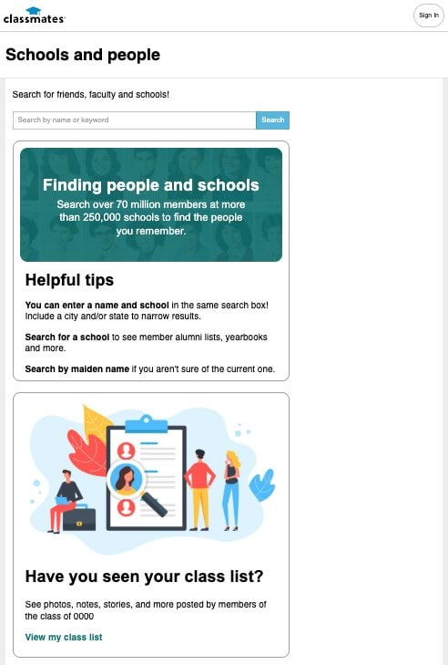 Classmates Search page